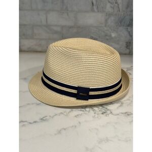 Mens Tan Woven Straw Fedora Hat Navy Blue Striped Band XL 92551-22